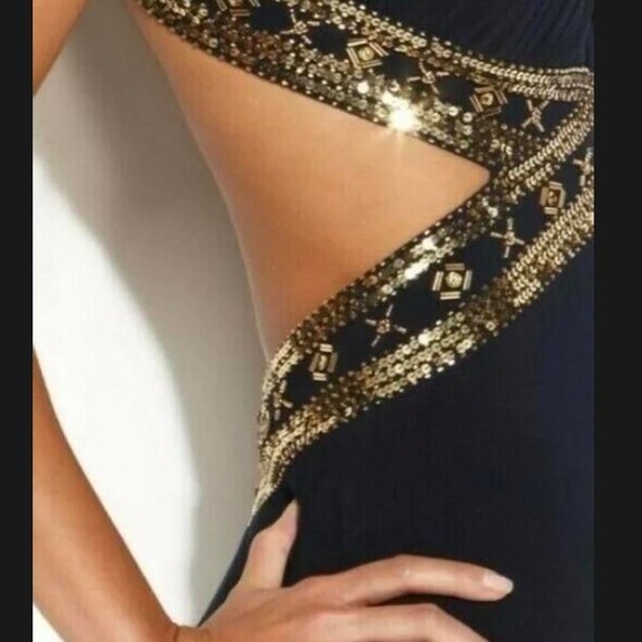 Betsy & Adam Navy Formal Gown Size 8 Gold Beaded Trim Cutout Halter Prom Pageant - Picture 15 of 15